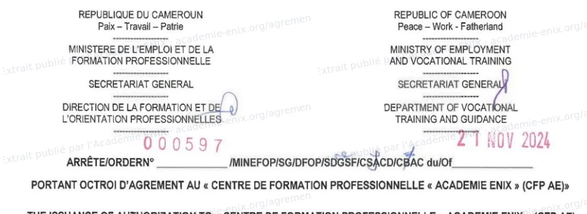 En-tête de l'arrêté n° 000597/MINEFOP/SG/DFOP/SDGSF/CSACD/CBAC du 21 novembre 2024 portant octroi d'agrément au Centre de formation professionnelle « Académie ENIX »