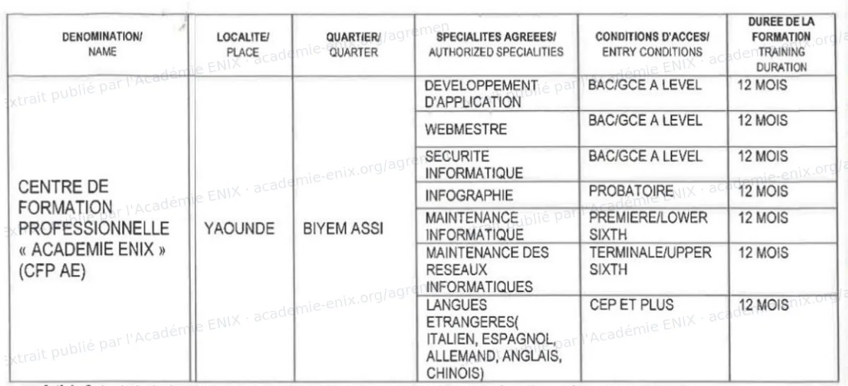 Tableau de l'arrêté : Centre de formation professionnelle « Académie ENIX » (CFP AE), Yaoundé, Biyem-Assi, et ses spécialités agréées